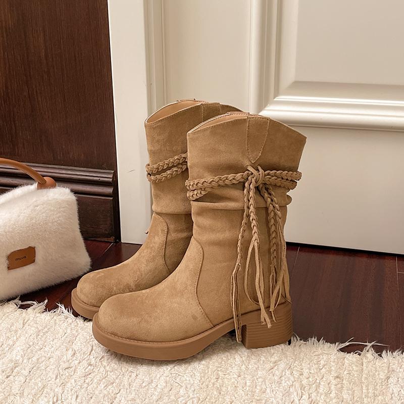 Winter Fashion Tassel Thick Heel Women Western Cowboy Boots Elegant Slip On Shoes Slim Knight Short Botas  De Mujer