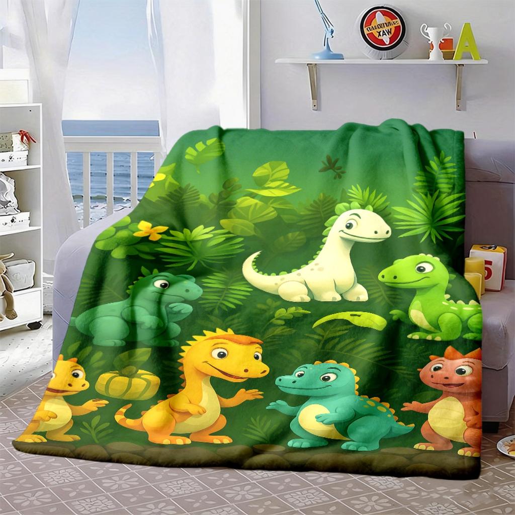 2026 New Arrivals 1pc Soft Cozy Cartoon Dinosaur Flannel Blanket with Vibrant Green Plant Background Adorable Dinosaur Print for Youngsters, Perfect I