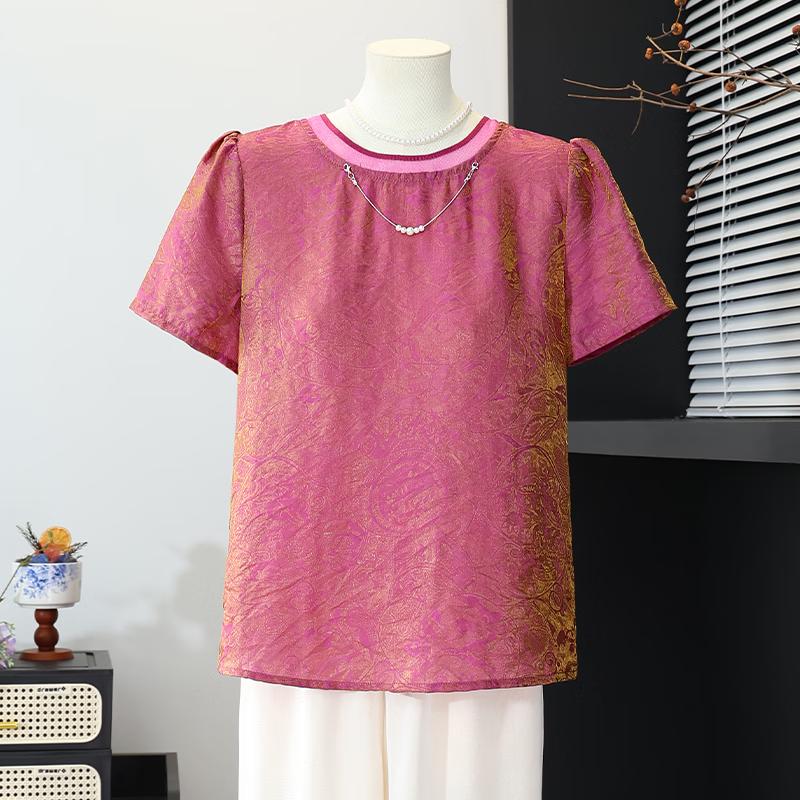 Elegant Jacquard Round Neck T-shirt for Women XL