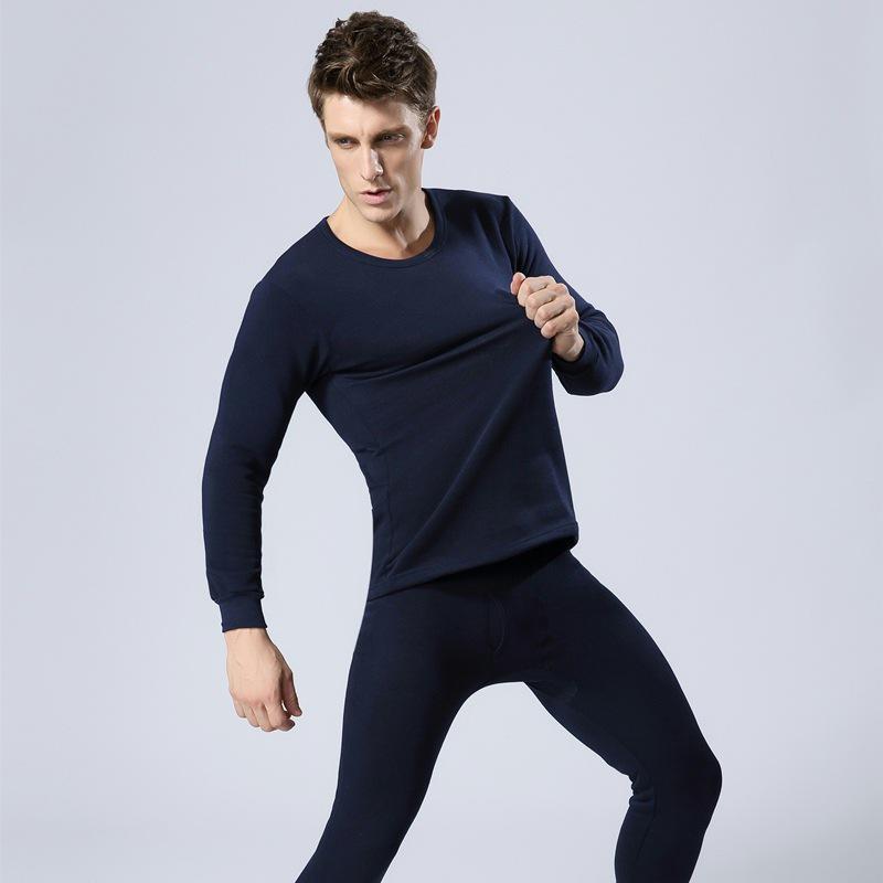 Men's Solid Color Brushed Plus Velvet Thermal Underwear Set for Autumn and Winter