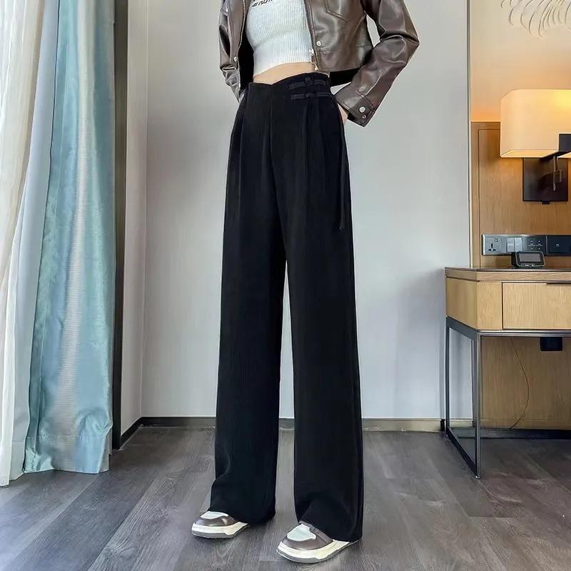 Autumn and Winter New Chinese Style Buckle Plus Velvet Chenille Wide Leg Pants for Women High Waist Drape Straight Casual Pants