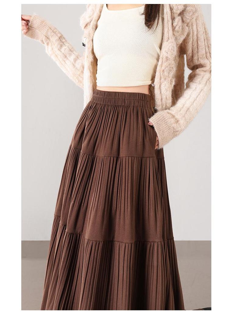 2025 Fall/Winter Layered Woolen Flare A-Line Skirt - Slimming, High-Waist, Long Design