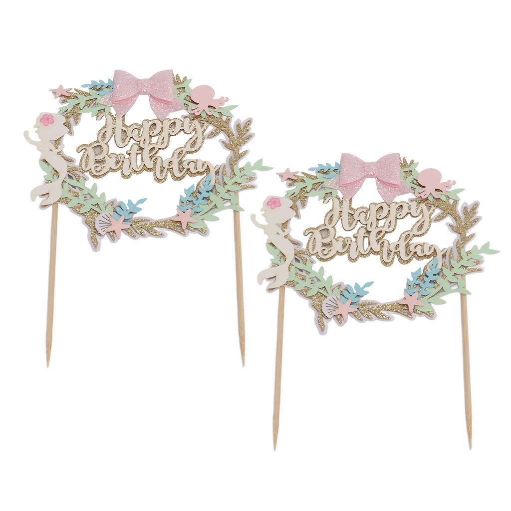 2Pcs Cake Toppers Pink Bow Sparkling Exquisite Safe Degradable Happy Birthday Cake Decoration