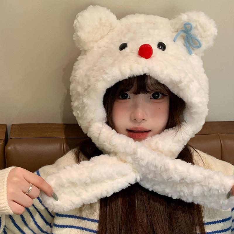 Chapéu cachecol de urso de pelúcia com laço fofo em um só para mulheres 2025 Quente Pelúcia Proteção para as orelhas Lei Feng
