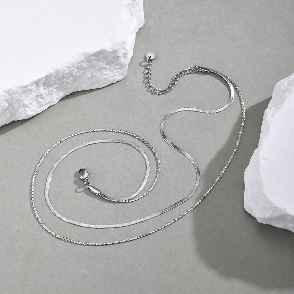 Naszyjnik dla Podwójny Stal Nierdzewna Moda Prezent [Rockyu] Kobiety, Srebrny, Łańcuszek, Stal, Hipoalergiczny, Biżuteria, (SREBRO)