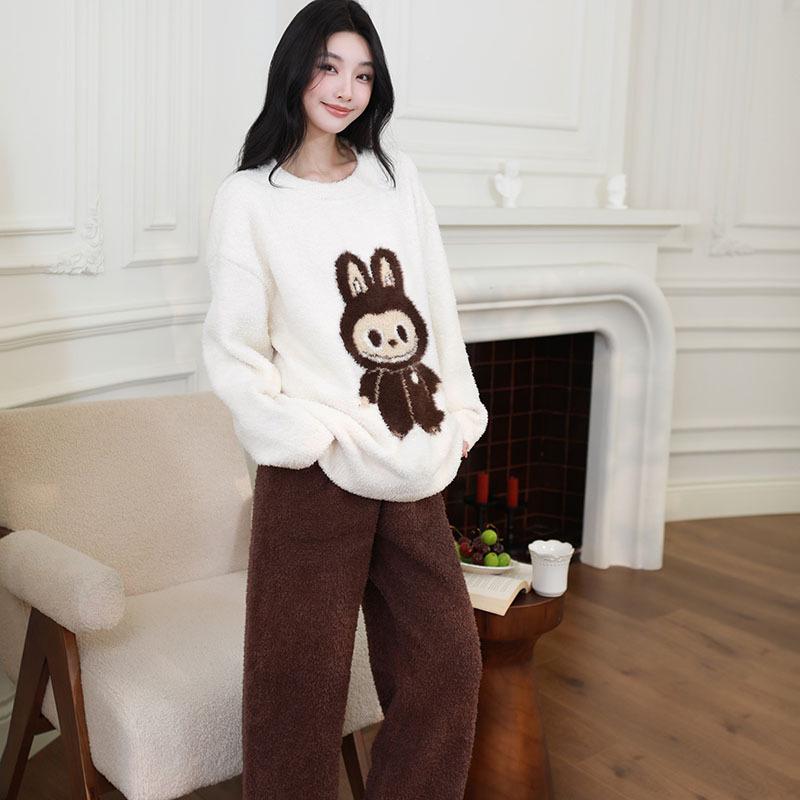 New Cozy Fleece-Lined Winter Pajama Set - Fluffy Cartoon Crew Neck Women's Homewear