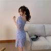 2026 summer new short-sleeved chiffon retro bubble sleeve square collar collarbone dress girl style new Chinese style
