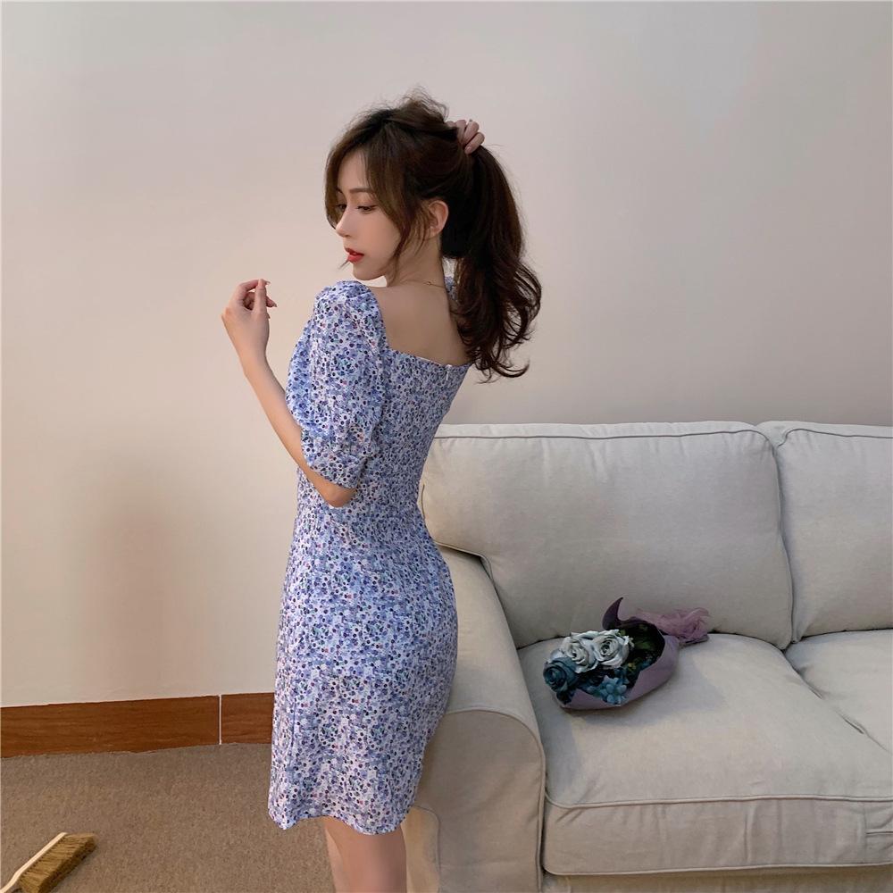2026 summer new short-sleeved chiffon retro bubble sleeve square collar collarbone dress girl style new Chinese style S