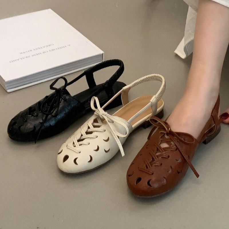 Fashion Retro Hollow Lace-up Low Heel Pumps Women Fashion Roman Style Brand Designer Shoes Comfortable Round Toe Back Strap Casual Shoes