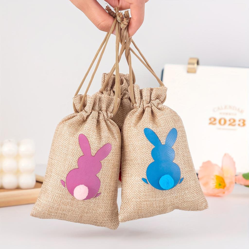18pcs Bunny Durable Burlap Gift Bags Gift Wrap Drawstring for Easter Candy with Twine Present Pouches Easter Party Favors