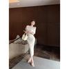 Temperament sexy slanted shoulder short-sleeved dress women's summer slim-fit long dress showing figure waist hip skirt