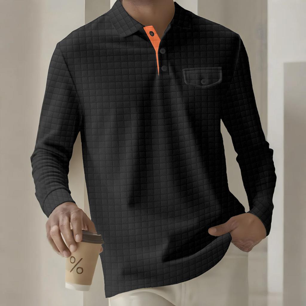 Men's Solid Color Plaid Button Lapel Pocket Long Sleeve Top Men's Casual Fashion Long Sleeve Top