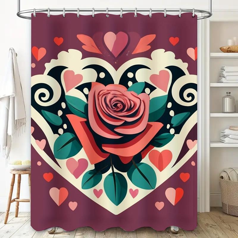 Elegant Rose Heart Shower Curtain - Waterproof, Mildew-Resistant, Machine Washable For Romantic Bathroom Decor