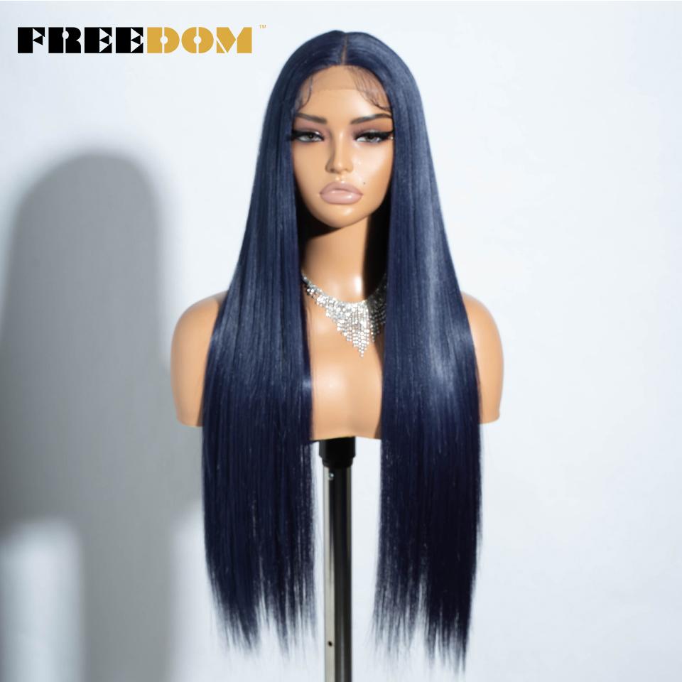 

FREEDOM Long Straight Synthetic Lace Front Wigs For Women 30 Inch Ombre Blue Blonde Lace Wig Easy Wear Cosplay Wig (as the picture,30inches)