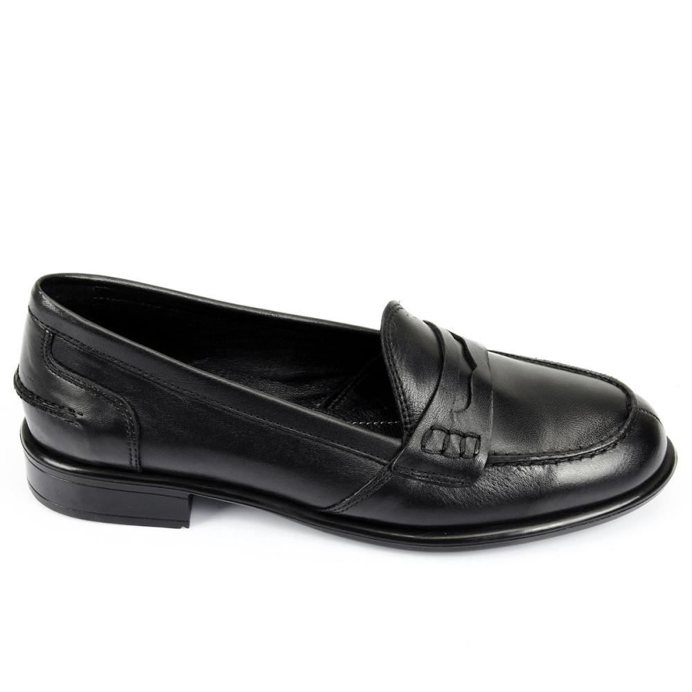 Genuine Leather Black Round Toe Short Heeled Loafer Women's Casual Shoes