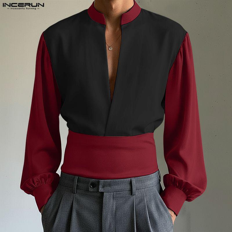 INCERUN Men Long Sleeve Patchwork Open Front Casual Party Shirts Tops