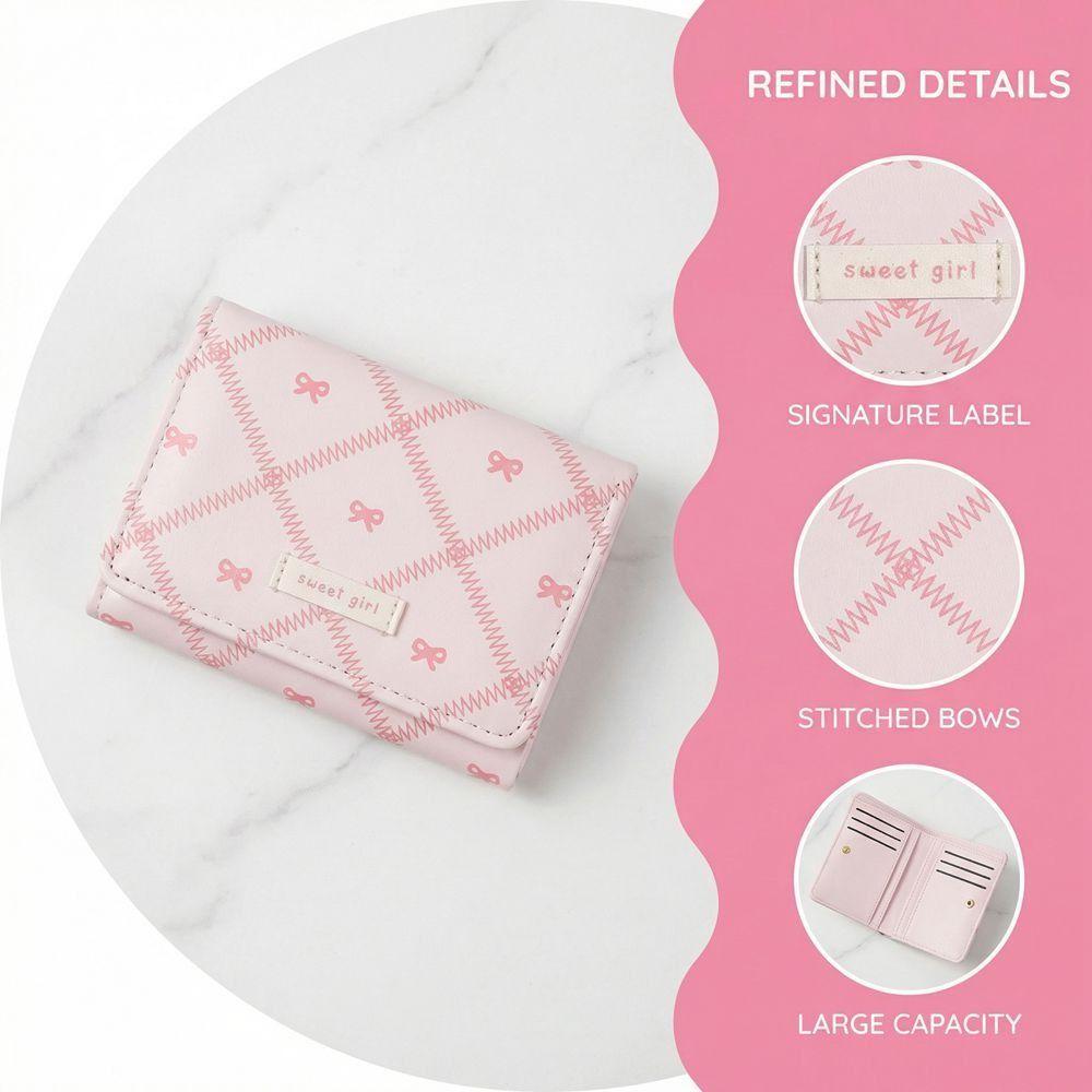 Portable Sweet Bow Wallet Three Fold Mini Cute Card Holder Coin Purse Flower Design Lightweight Leather Card Holder Girl