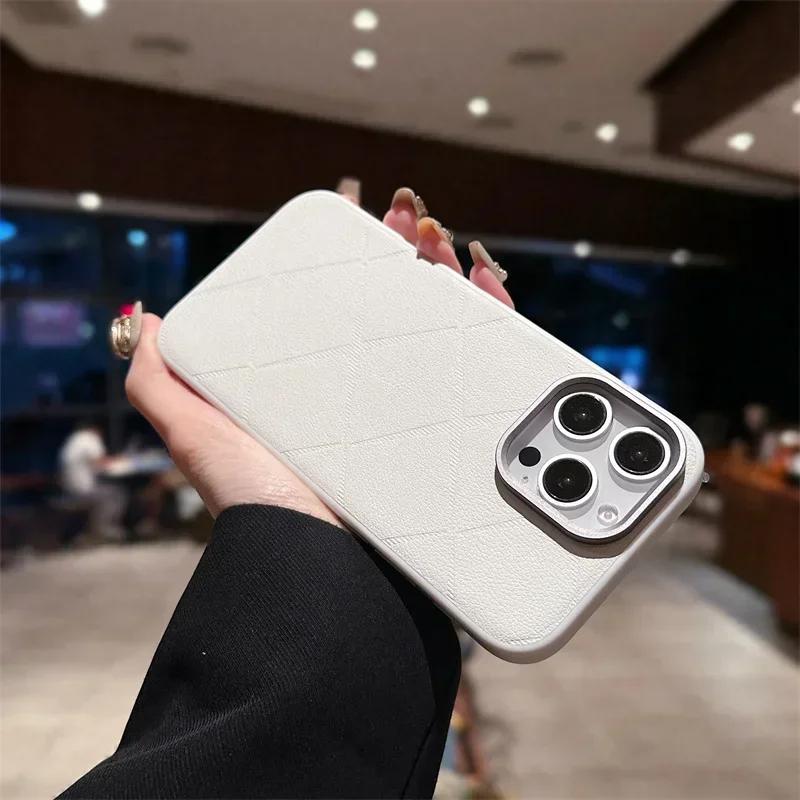 Luxury Plaid Leather Soft Edge Hard Phone Case for iPhone 16 15 14 Pro Max Anti Drop Protective Bumper Cover