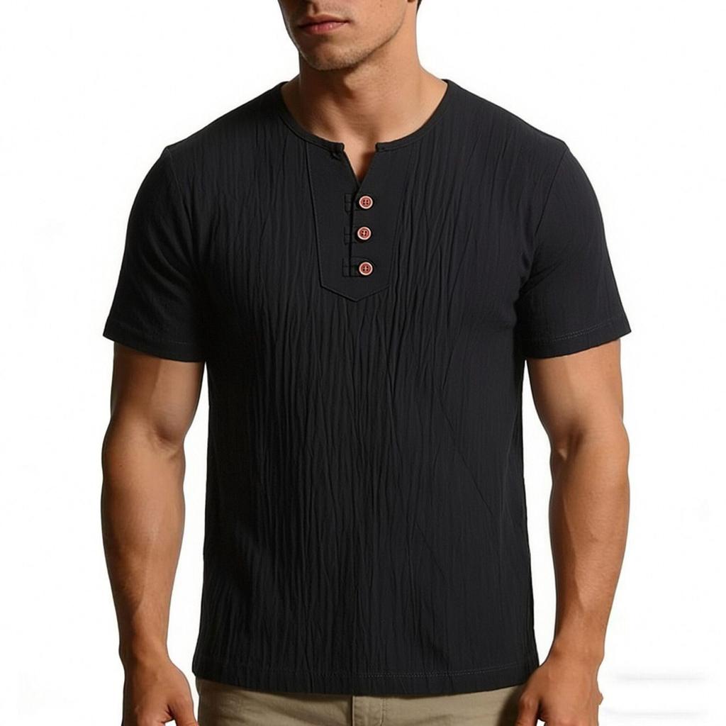 Men Chinese Style Retro Casual V Neck Short Sleeve Solid T Shirt