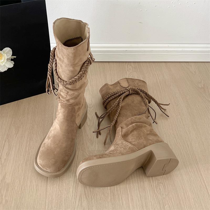 

Queen Van Khaki retro v-mouth thick heel Martin boots women s 2025 new autumn thin pile medium boots 40 хаки