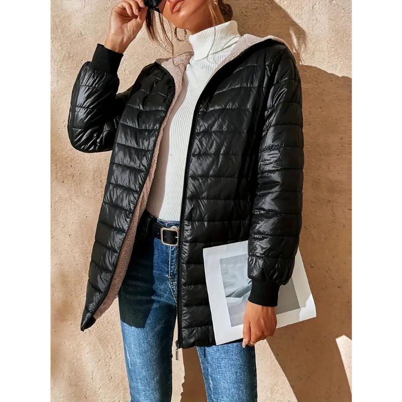 2025 Winter Women's Mid-Length Quilted Parka, Hooded Fleece Lined Loose Fit Thermal Jacket with Zipper, Warm Padded Casual Coat for Cold Weather