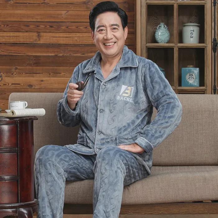2024 Men's Autumn/Winter Plus Velvet Thickened Long Sleeve Warm Coral Fleece Flannel Pajama Set