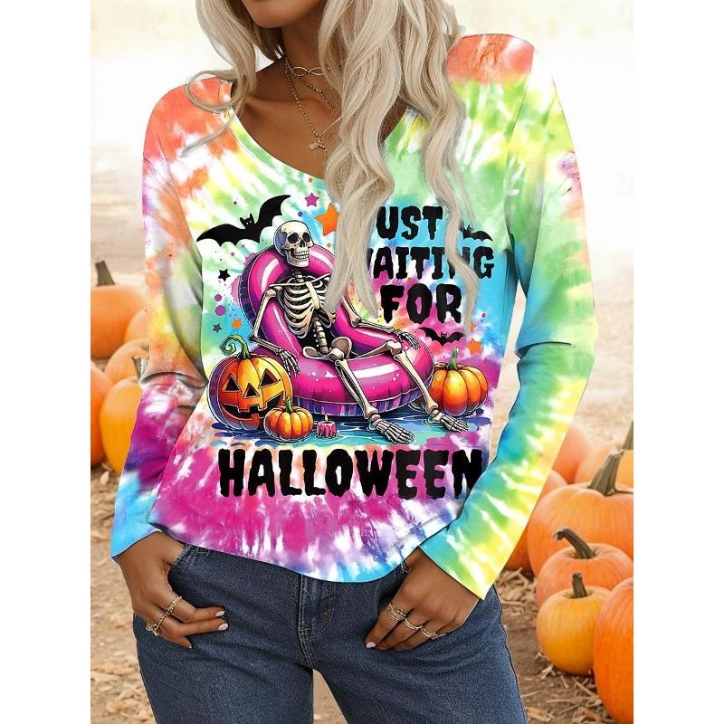 2025 Halloween Women's T-Shirts Graphic Pumpkin Elegant Vintage Tees Long Sleeve T-shirts V-Neck Regular Tops Casual Pullover