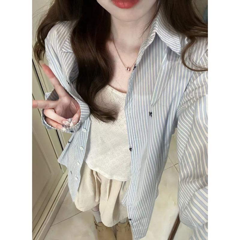 Women's Blue & White Striped Long-Sleeve Bow Print Shirt - Mid-Length, Unique Design, Early Autumn, Stylish Sun Protection Top