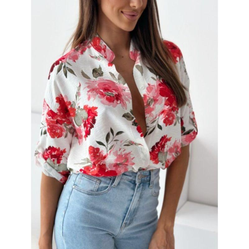 Sweet Summer New Arrival Fashion Stand Collar Single-Breasted Large Flower Pattern Fashion Temperament Commute Half-Sleeve Shirt Tops