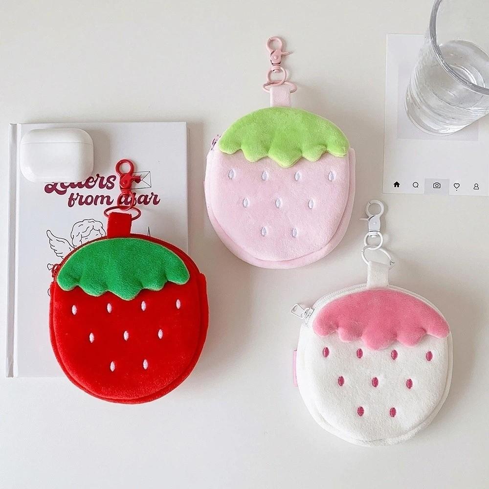 Zipper Design Plush Strawberry Keychain Lipstick Card Bag Earphone Bag Gift Giving