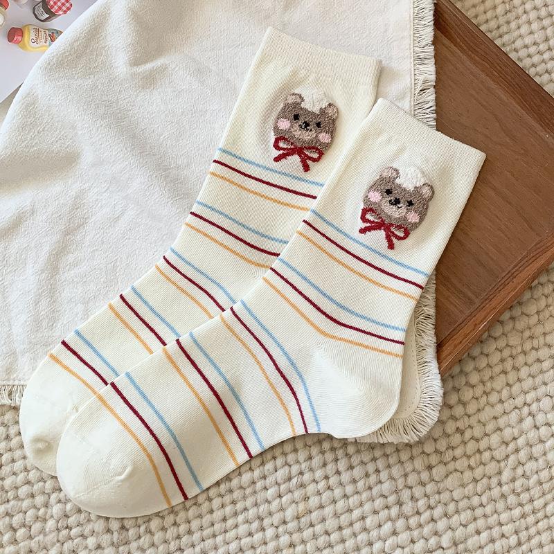 

Cute Female Cartoon Mid-calf Socks for Women, Plush Bear Polka Dot Sweet Boneless Women s Socks 1 pair белый