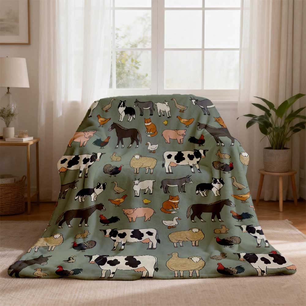 1Pc Vintage Farm Animal All Over Print Soft Throw Blanket Rustic Country Style Farmhouse Bedding Decor Gift For Animal Lovers