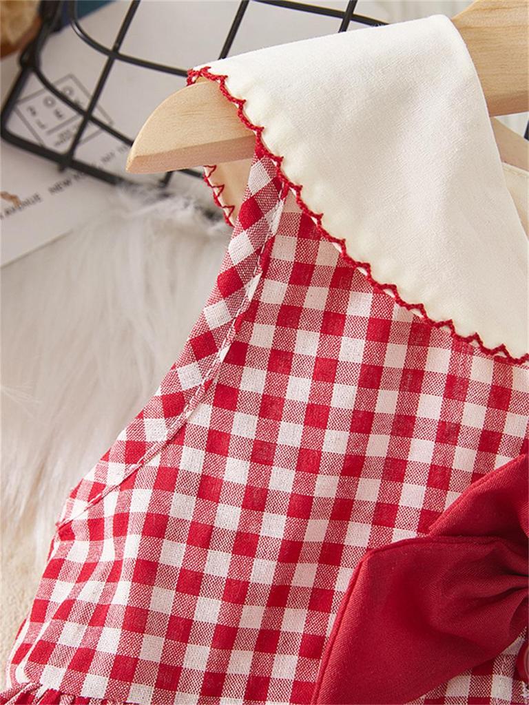 Mädchen Marineblau Kragen Kirschbestickt Sommerkleid – College-Stil Prinzessinnenmode