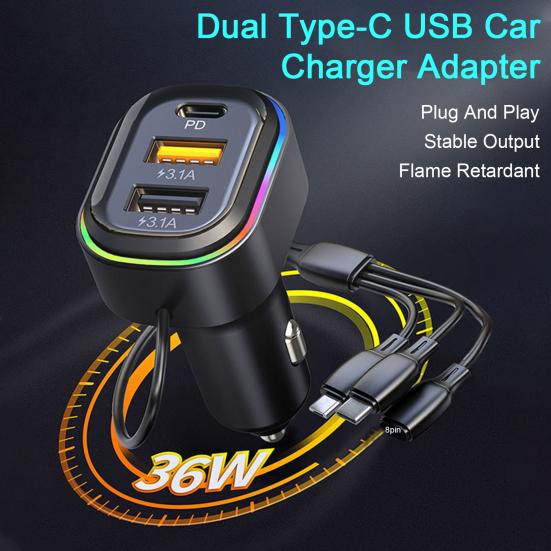 

Полезная автомобильная розетка USB RGB Огни Рассеивание тепла PD36W Быстрая зарядка