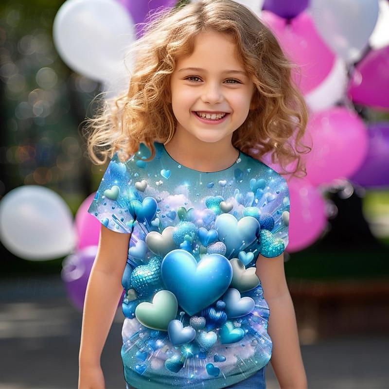 Valentines Girls' 3D Heart Tee Shirt Pink Short Sleeve 3D Print Summer Active Fashion Top