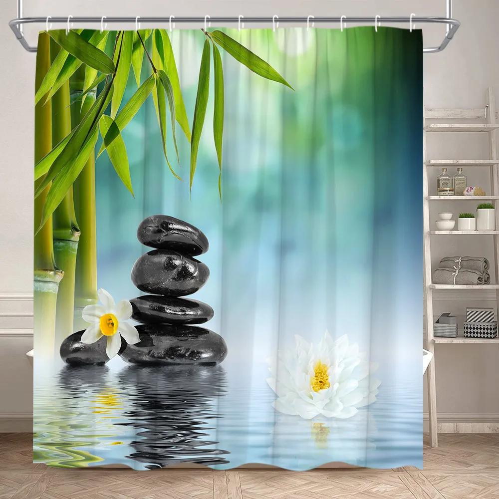 Zen Shower Curtain Landscape Green Bamboo River Lotus Stone Purple Orchid Plant Leaf Polyester Fabric Bathroom Decor Curtain