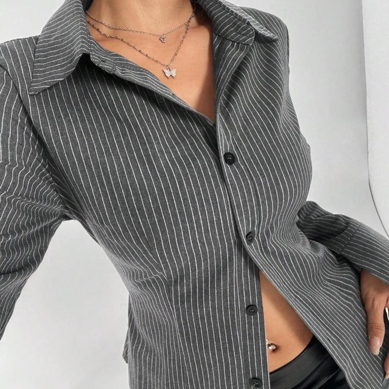 Women's Striped Button Down Long Sleeve Fitted Blouse Flare Sleeve Casual Shirt
