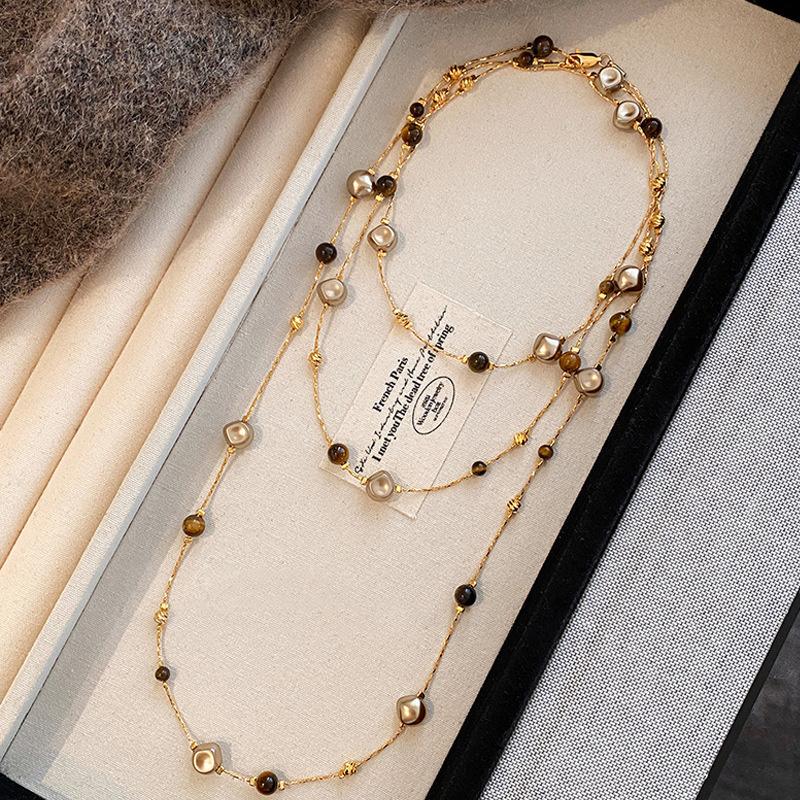 Trendy Vintage Tiger Eye Stone Pearl Bead Stacked Necklace For Women Fashionable Autumn And Winter Charm Jewelry