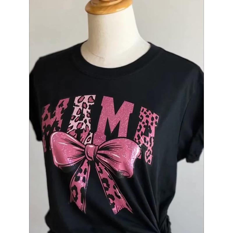 Women's Graphic T-Shirt - Black with Pink Leopard Spot "MAMA" & Bow Design, Soft Stretch Crew Neck Short Sleeve Casual Tee, All-Season Comfort