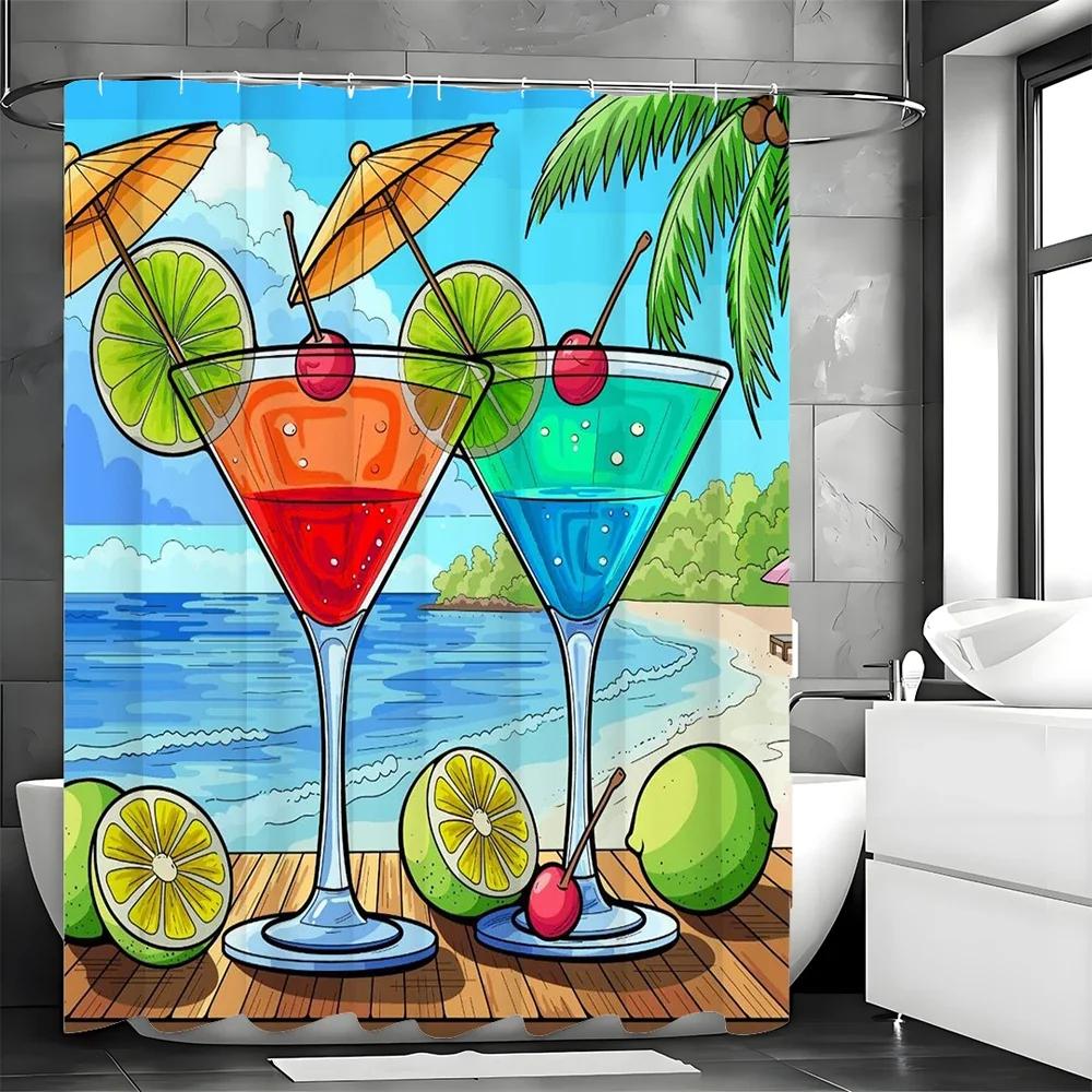 ~O~Cocktail Ocean Beach Shower Curtain, Bathroom Decorative Shower Curtain, Waterproof Shower Curtain with Hooks