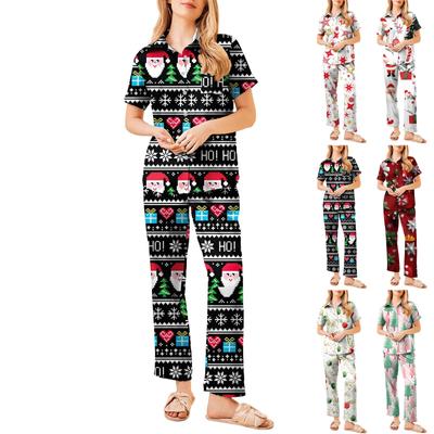 Women's Christmas Print Pajama Set Women's Short Sleeve Long Pants Two-piece Set Button-up Home Clothes