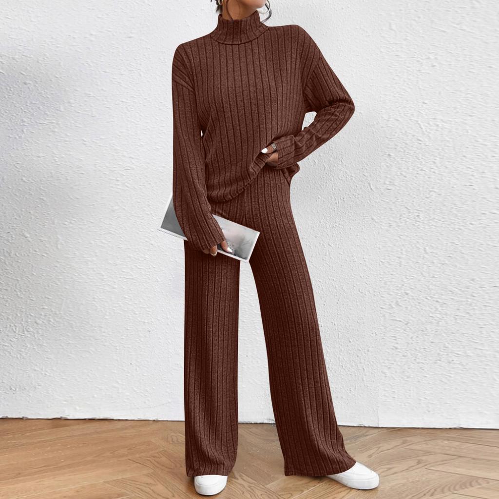 Women's Fashion Solid Color High Collar Long Sleeve Top Elastic Waist Casual Pants Two Piece Set