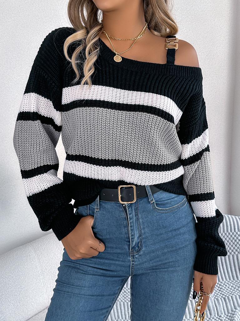 Women Casual Clashing Stripes Lantern Sleeves Autumn Winter Metal Button Shoulderless Pullover Warm Sweater