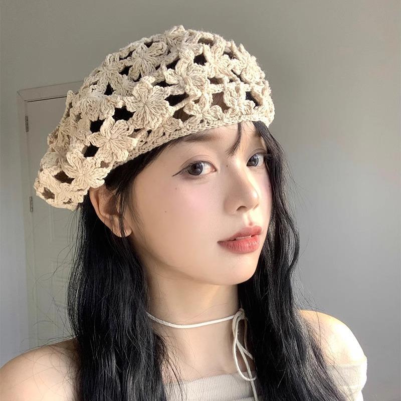 Dámský letní klobouk baret v japonském stylu, vintage, s dutým vzorem, tenký, ručně háčkovaný, Y2K, horká dívka, umělecký klobouk