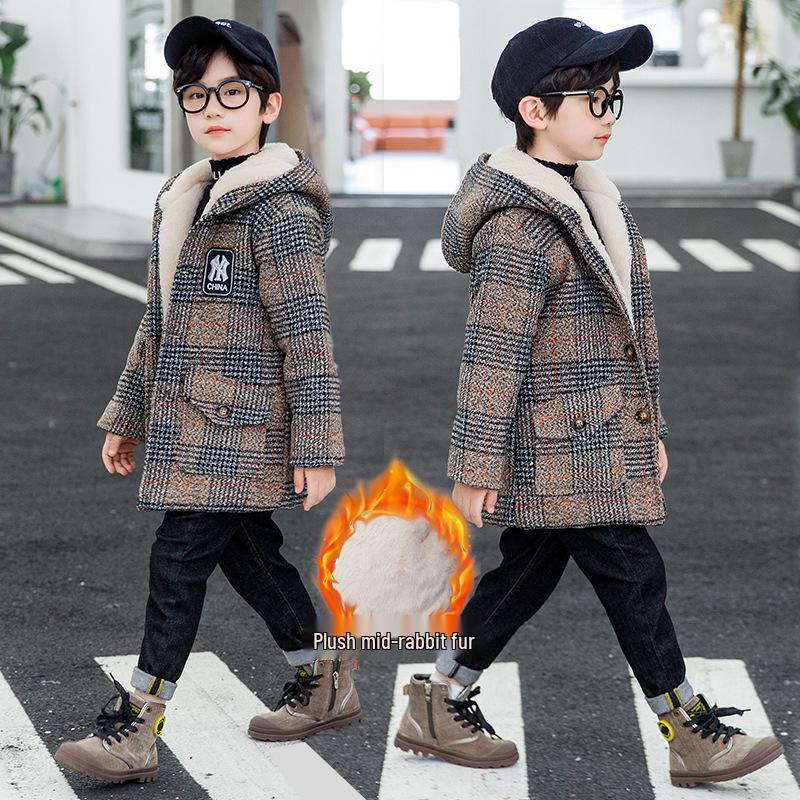 

Мальчиковая хлопковая куртка на флисовой подкладке и клетчатое шерстяное пальто - Новый стиль 2025 160cm хаки