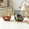 Metal Wire Cup Storage Basket with Wooden Base Coffee Mug Shape Hollow Out Organizer for Home Cafe Bar Countertop Kitchen Decor