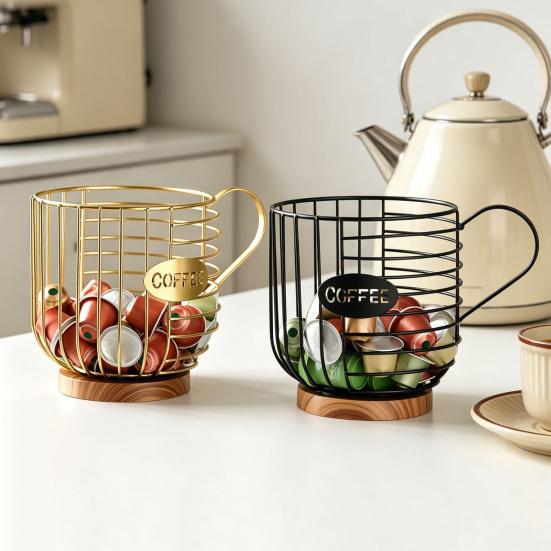 Metal Wire Cup Storage Basket with Wooden Base Coffee Mug Shape Hollow Out Organizer for Home Cafe Bar Countertop Kitchen Decor