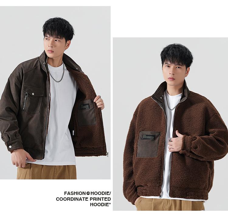 CO8000 Men's Versatile Lambswool Reversible Jacket with Patch Label, Casual Long Sleeve.