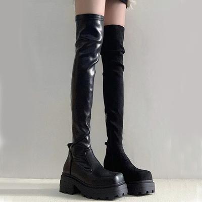 Women Black Thigh High Boots Women  Autumn New Fashion Thick Soles High-Tube Boots Woman Over The Knee Long Botas Plus Size