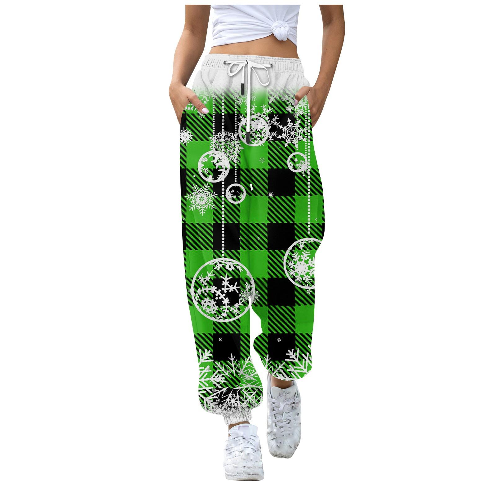 

Женские повседневные модные рождественские принты, повседневные брюки с эластичной резинкой на талии и завязками на шнурке M зелёный